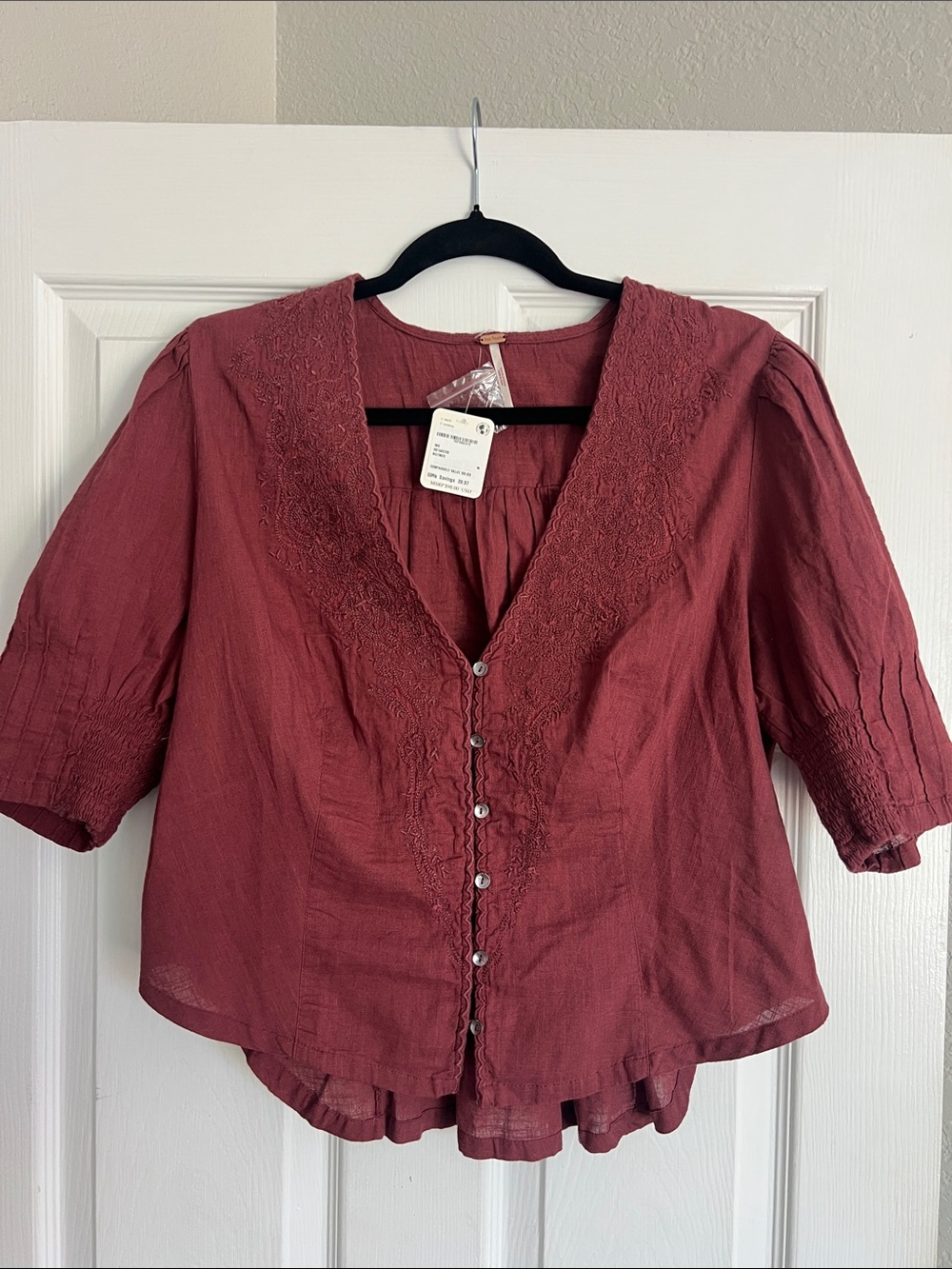 Free People Rosewood Button-Front Peasant Blouse